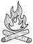 Simple hand-drawn black and white linear clipart of the burning campfire