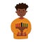 Simple hand drawn doodle flat portrait of African American boy holding kinara, seven candles. Celebrating Kwanzaa