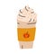 Simple hand drawn illustration of disposable coffee mug with pumpkin spice taste latte with cream on top, autumn seasonal drink.