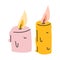 Simple hand drawn illustration of lit candles, cozy interior decoration, indoors seasonal autumn activity.