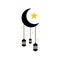 Simple hanging Arabic traditional Ramadan Kareem lantern on crescent moon and stars. Eid Fitr or Adha Mubarak lamp Greeting card