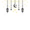 Simple hanging Arabic traditional Ramadan Kareem lantern. Eid Fitr or Adha Mubarak lamp Greeting crescent moon and yellow stars