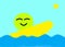 A simple happy green smiling icon simile surfing a yellow surf board on a sunny blue clear sky day at sea