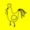 Simple icon with the image of a black contour rooster on a yellow background. Fashion illustration in a flat style.