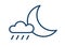 Simple icon of rainy weather at night time. Half moon and rain cloud with drops. Symbol of precipitation in line art