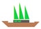 A simple illustration of a brown boat with three bright green sails white backdrop