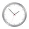 Simple illustration of clock face with minute, hour and second hand and red center with numbers. Metal circular trim. Isolated on