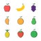 simple illustration set fruit icon with apple, banana, grape, mango, orange, pear, pineapple, strawberry and watermelon flat