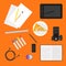 Simple illustration in trendy flat style with objects used in everyday life on bright orange background for use in design