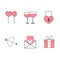 simple illustration of valentine icons with hearts, couple glasses, balloons, gifts, arrows, padlocks and letters