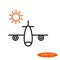 A simple image of an airplane carrying vacationers and an orange sun, a flat line icon for a travel agency