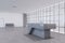 Simple interior with abstract concrete reception desk. Office or hotel lobby concept.