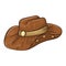 Simple isolated doodle sticker. Brown leather cowboy wide brim hat with plaque and badges. Wild west concept sticker