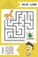 Simple Labyrinth with funny Horse isolated on colorful background. Find right way to the Grass. Entry and exit. With Answer.