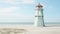 Simple lighthouse on empty sand beach by the sea. Calm coastal landscape on a warm summer day. Generative AI