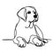 A simple line drawing of a seated puppy  on white background.
