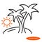 Simple linear illustration of a landscape with an island, palms and sun at sunset or sunrise, a flat line icon