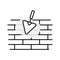 A simple linear illustration of an uneven brick wall, a construction trowel and a cement stain, a flat line icon