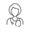 Simple linear medic icon on a white background. Doctor woman with short hair. Gray lines.