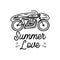 Simple linear style vector illustration of motorcycle and surfboard with Summer Love calligraphic inscription against