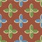 Simple medieval style stylized flowers vector pattern background. Hand drawn blue green floral motifs on brown backdrop