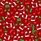 Simple messy red green and white music notes with treble and bass clefs, christmas colors, seamless pattern, vector