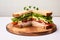 a simple, minimalist clubhouse sandwich on a circular wooden board