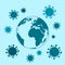 Simple modern vector of coronavirus floating around planet Earth on blue backgound