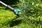 The simple moments of life, ordinary work in the garden -  man trimming grass with heavy-duty trimmer in the garden