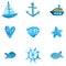 Simple nautical watercolor icons: anchor, ship, star fish and shell. Vector illustrations isolated on white background.