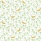 Simple ornament with yellow fruits bananas, green curls and dots on a white background. Seamless vector pattern.