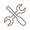 Simple outline brown icon of crossed screwdriver and adjustable wrench