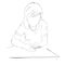 Simple Outline Hand Draw Sketch Vector, Relax Sitting Long Hair Woman typing something at her smartphone