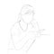 Simple Outline Hand Draw Sketch Vector, Relax Sitting Long Hair Woman typing something at her smartphone