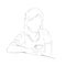 Simple Outline Hand Draw Sketch Vector, Relax Sitting Long Hair Woman typing something at her smartphone