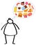 Simple overweight stick figure man, hungry, craving unhealthy junk food, binge eating, obese man thinking of pizza and hamburgers