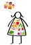 Simple overweight stick figure woman on a diet, body filled with healthy vegetables, craving junk food, trying to lose weight