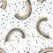 Simple painted rainbows and rain seamless pattern. Cute stripy arcs on colorful rain texture