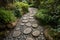 a simple pathway through a garden, dotted with stepping stones