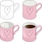 Simple pink cup, mug with heart vector illustration. Coloring paper,