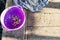 A simple purple plastic plate, outdoor tableware for feeding animals, cats and dogs, stands on dusty wooden planks
