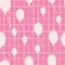 Simple random balloons shapes seamless doodle pattern. White birthday ornament on pink chequered background