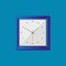 Simple realistic clock in squre blue frame on blue background. Watch on the wall