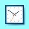 Simple realistic Clock in squre blue frame on color background. Watch on the wall. Vector design object