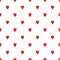 Simple romantic seamless pattern with repeating red hearts on white background.