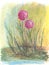 The simple round purple flowers, pastel drawing