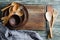 Simple rustic kitchenware against vintage wooden background