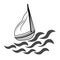 Simple sailing boat at the ocean. Hand drawn ship and waves icon