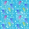 Simple seamless pattern background with bright colored little cartoon fishes and bubbles