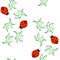 Simple seamless pattern of ladybugs and green leaves of the plant. Red beetle with black dots, circles.